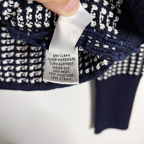 St. John 4 Navy Blue White Textured Knit Cardigan Sweater Zip Front Cotton Wool - Picture 9 of 10